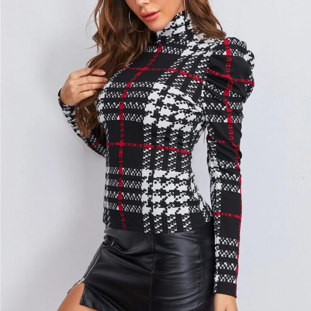 Elegant Plaid FITTED Print Long Puff Sleeve High Neck Top Blouse - Picture 4 of 6